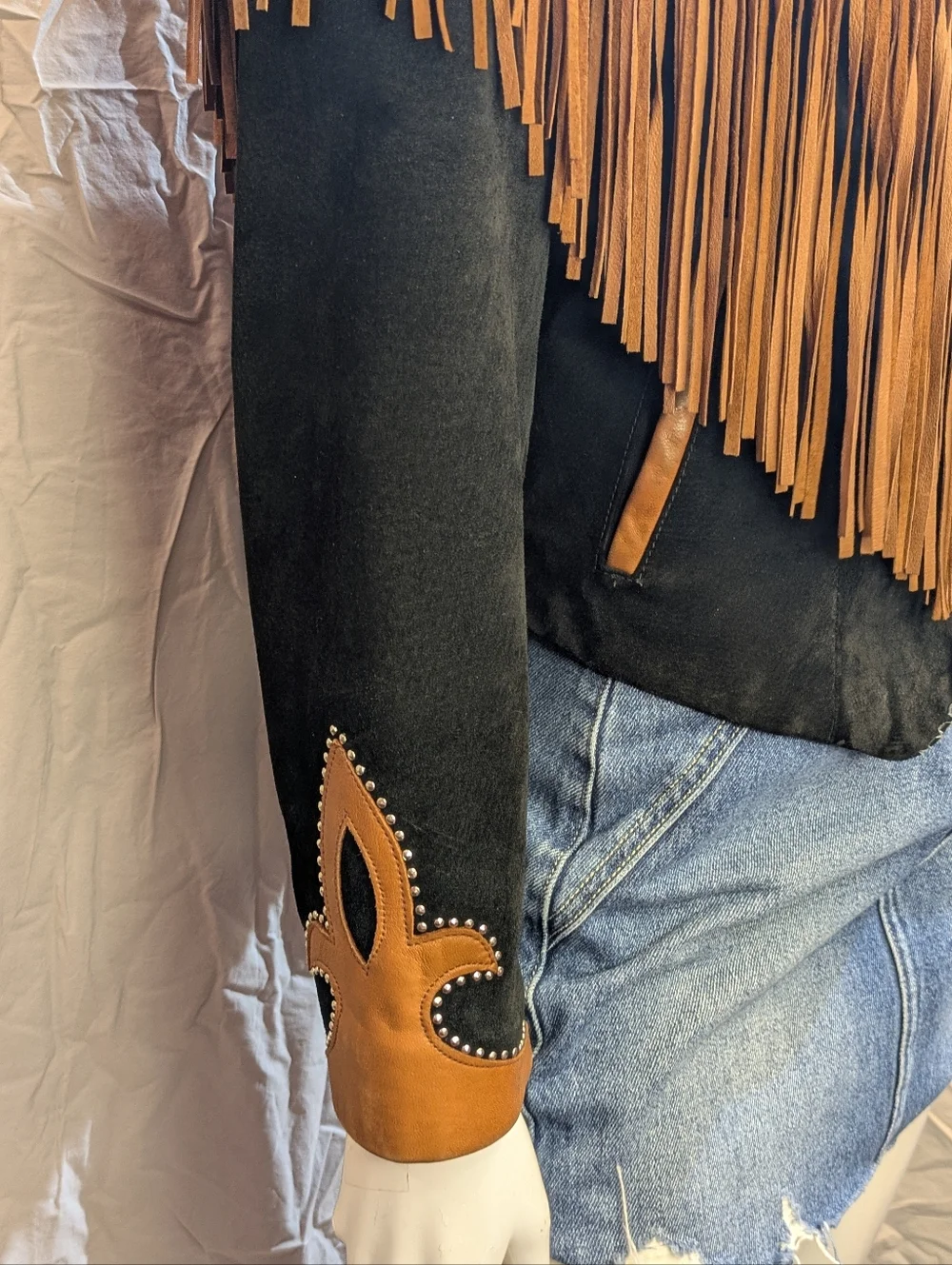 Vintage Diamond Leather Black And Brown Western Jacket Fringe Studs Made In USA - Picture 3 of 10